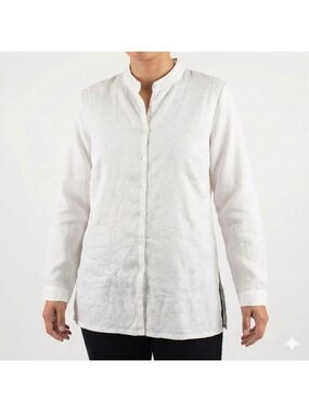 LAURA 100% Linen Embroidered Button Front Long Sleeve Tunic Top Side Splits Sz L